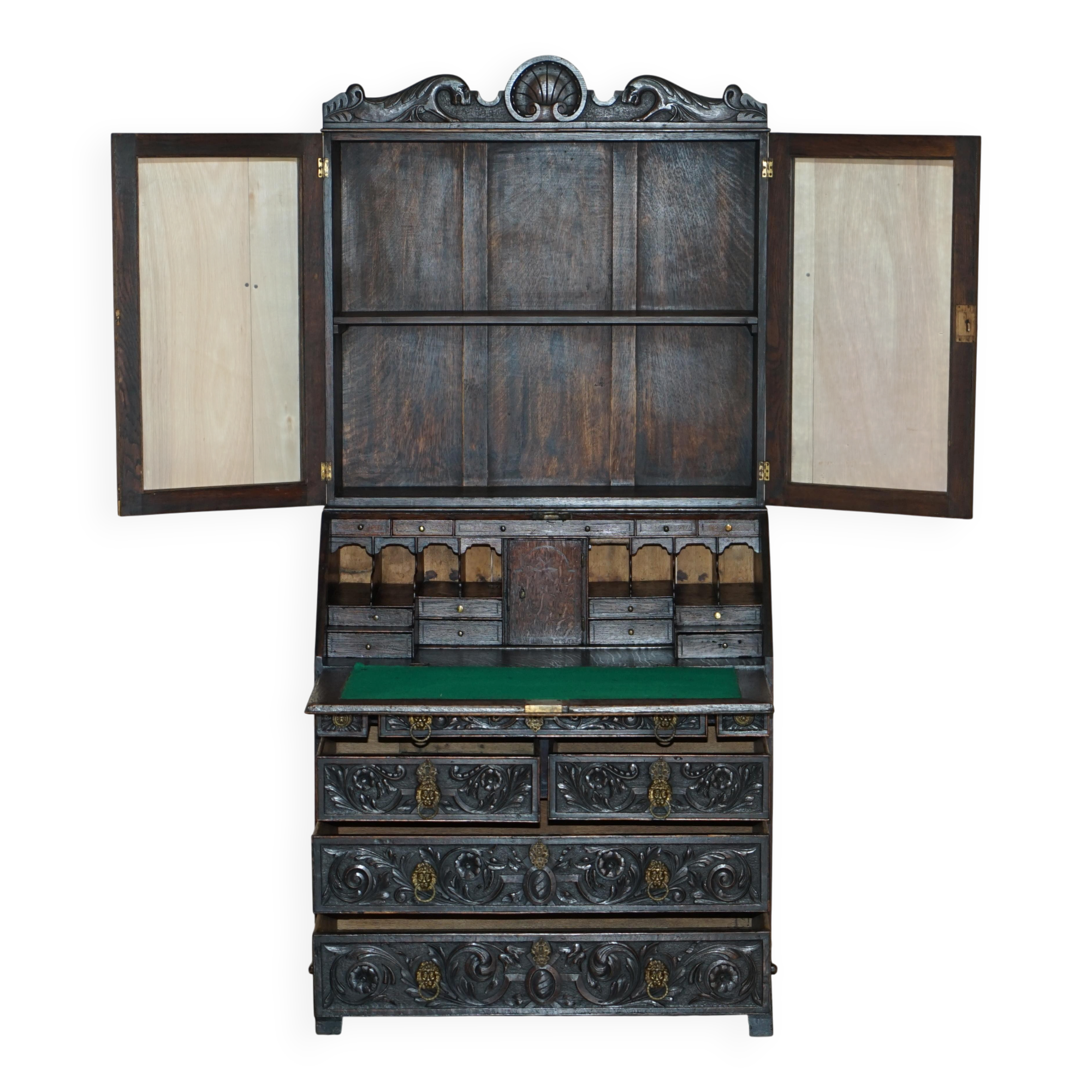 Library Desk in Carved Oak with Brass Handles