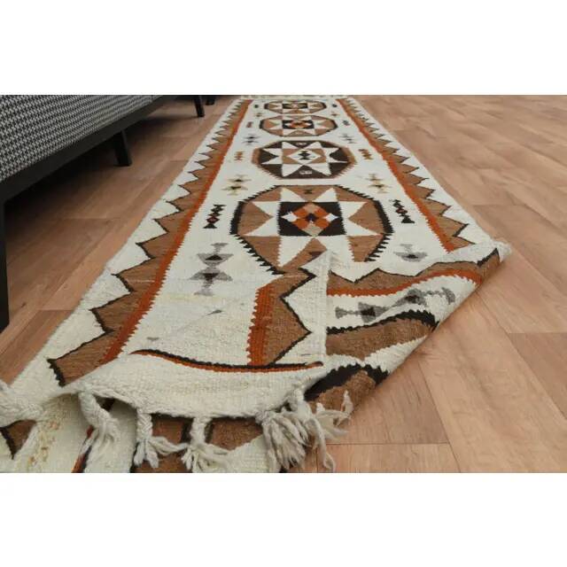 1970s Vintage Turkish Oushak Handmade Wool Cotton Beige Runner Rug 87x326
