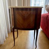 Louis XV chest of drawers in marquetry and gilded bronze, marble top