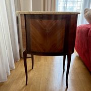 Louis XV chest of drawers in marquetry and gilded bronze, marble top