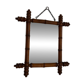 Small old turned wood mirror with bamboo effect