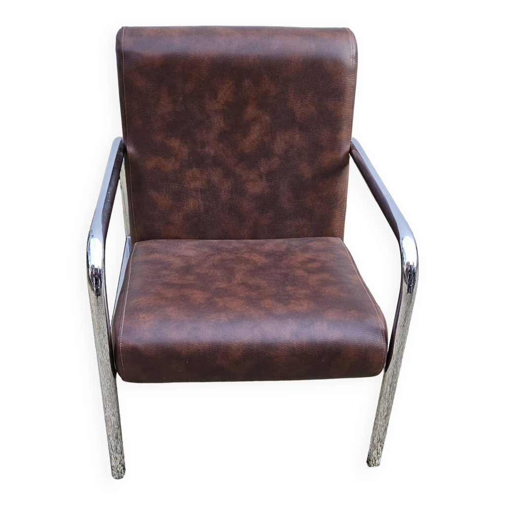 Fauteuil Design Colette Gueden – Skaï Marron Clair – Années 50 – Rare, Métal Noir