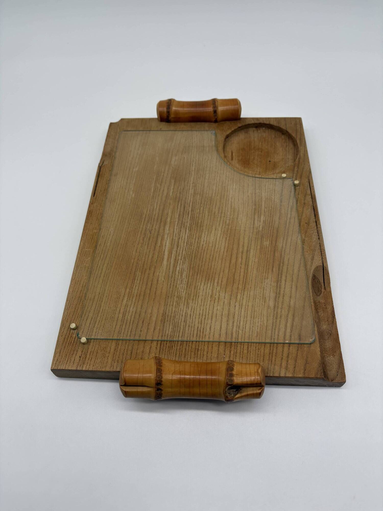 Wood and bamboo vintage plateau, glass, 1960