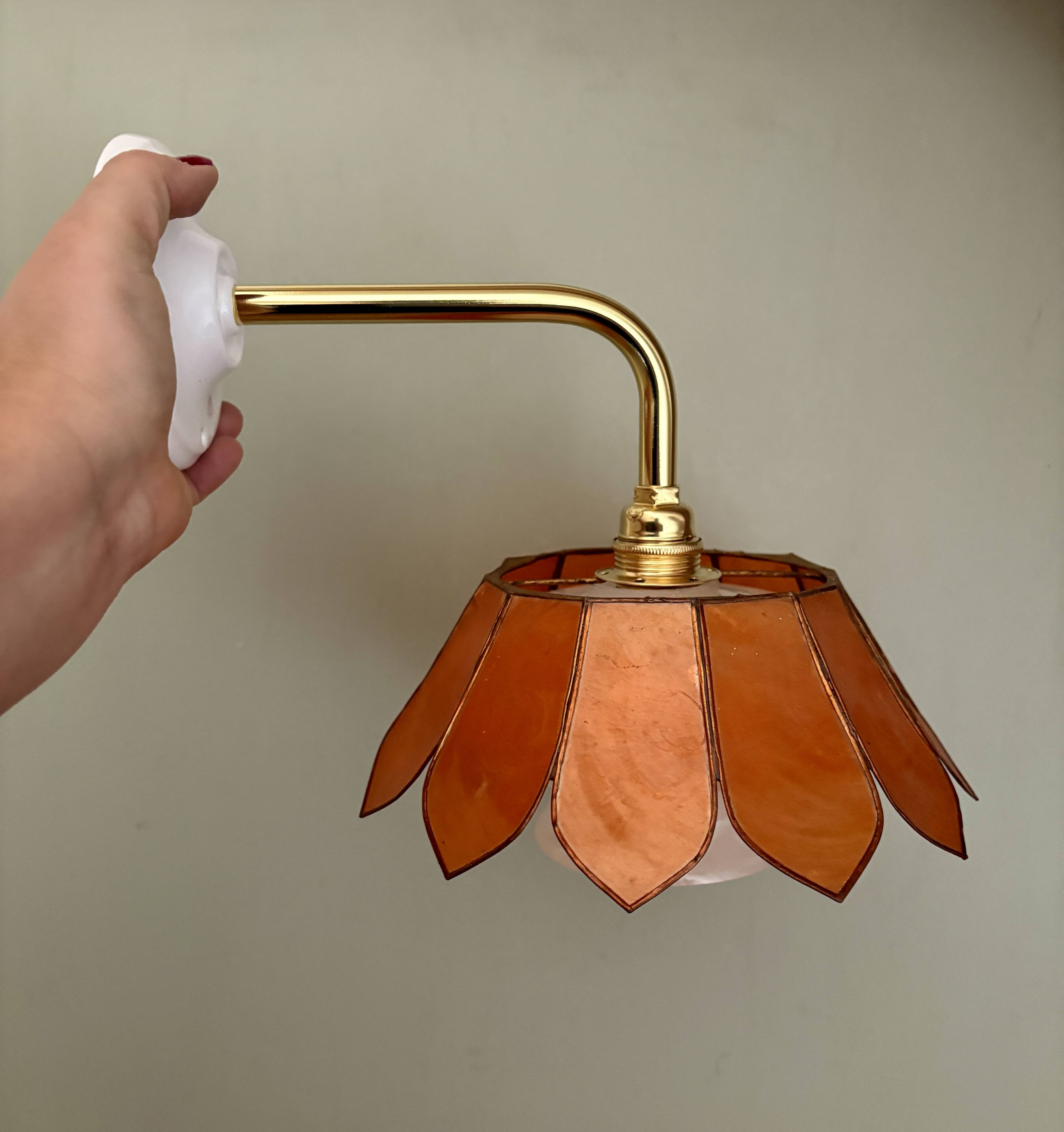 Vintage angled wall lamp with mother-of-pearl lampshade and vintage tulip in white glass
