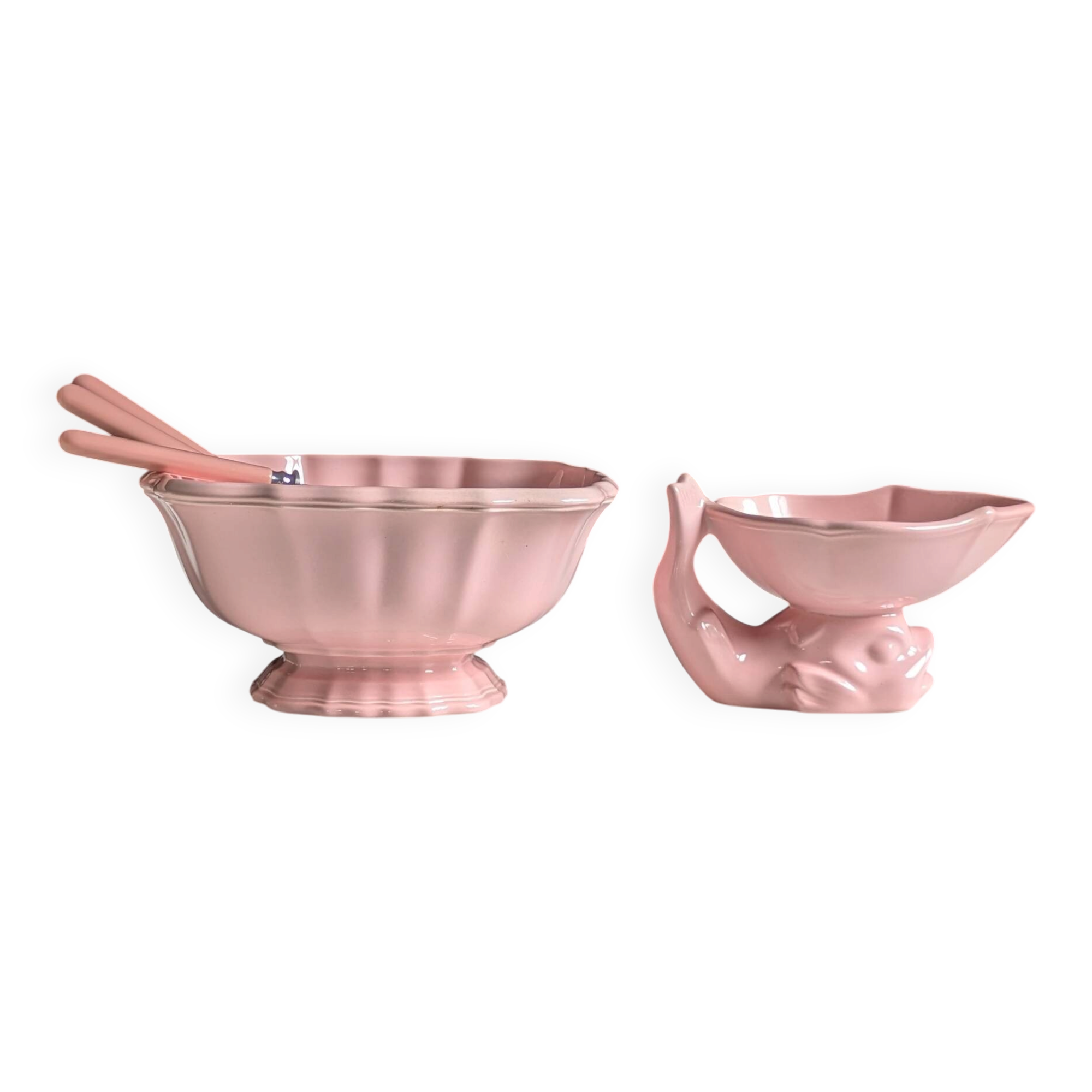 Vintage powder pink earthenware duo. Salins les Bains. 1950s.