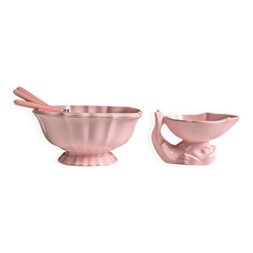 Duo de faïence vintage rose poudré.Salins les Bains.Annees 50.