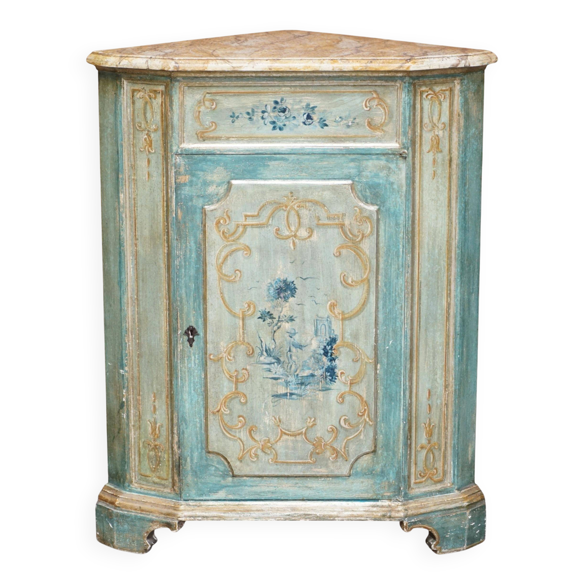 Buffet d'angle vintage peint main style français dessus marbré