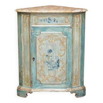 Vintage corner buffet hand-painted in French style with a marble top.