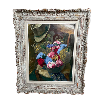 Nature morte au bouquet de Fleurs, 1945, cadre Montparnasse, Maurice Delavier 1902-1986