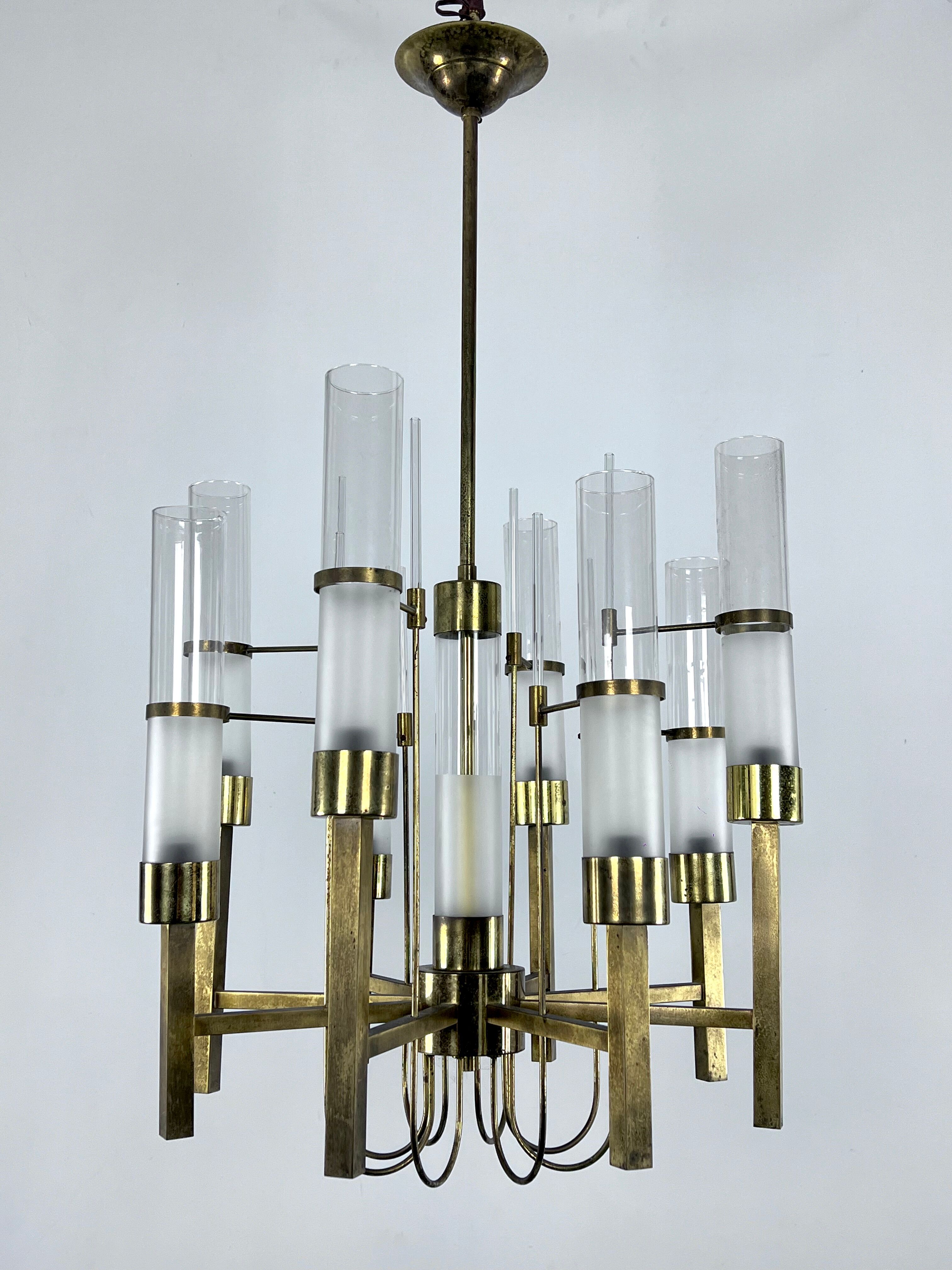 Sciolari, eight arms brass and glass tube chandelier. Italy 1960s