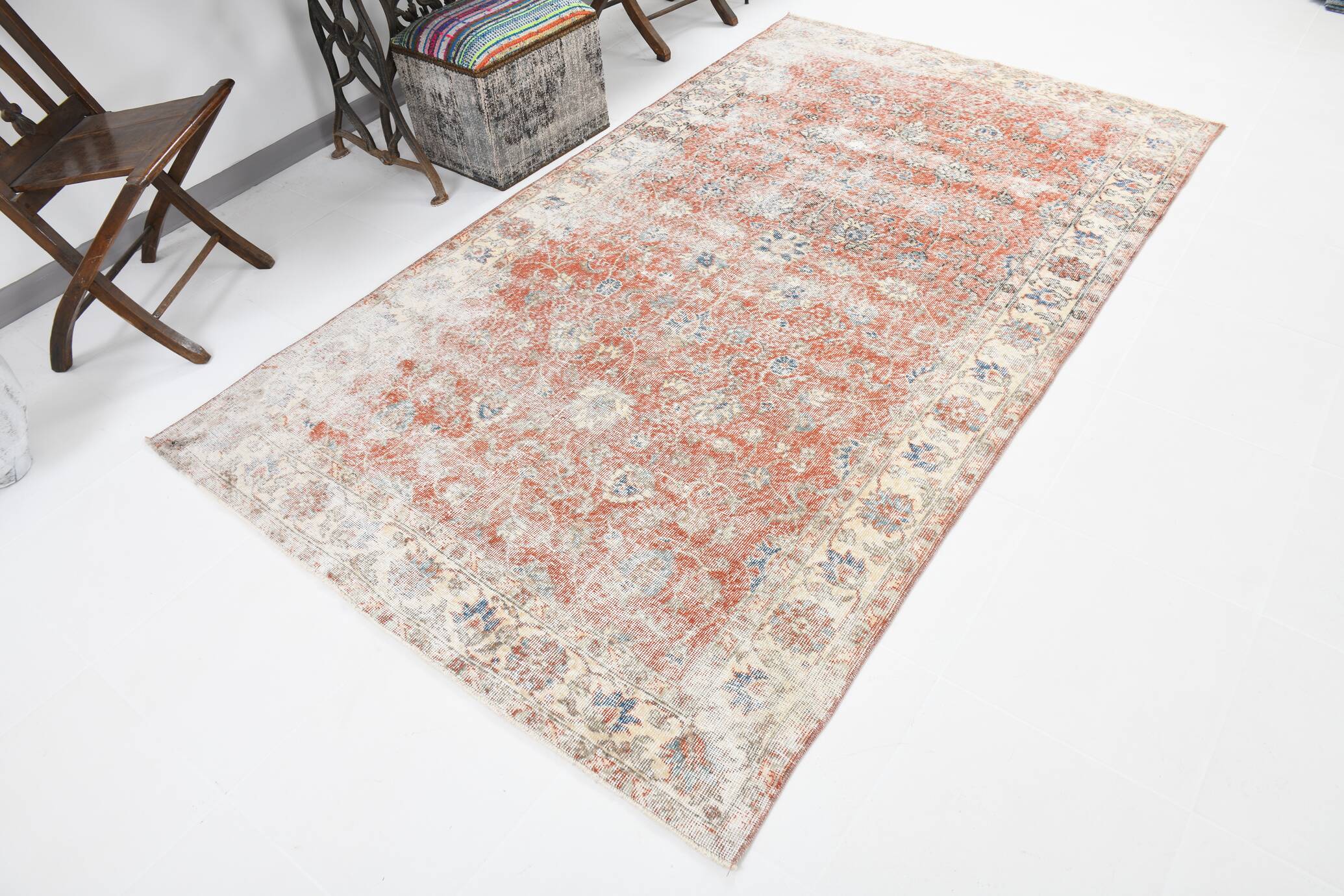 5x9 Pale Red & Blue Shabby Chic Vintage Turkish Rug, 151x259Cm SK5619