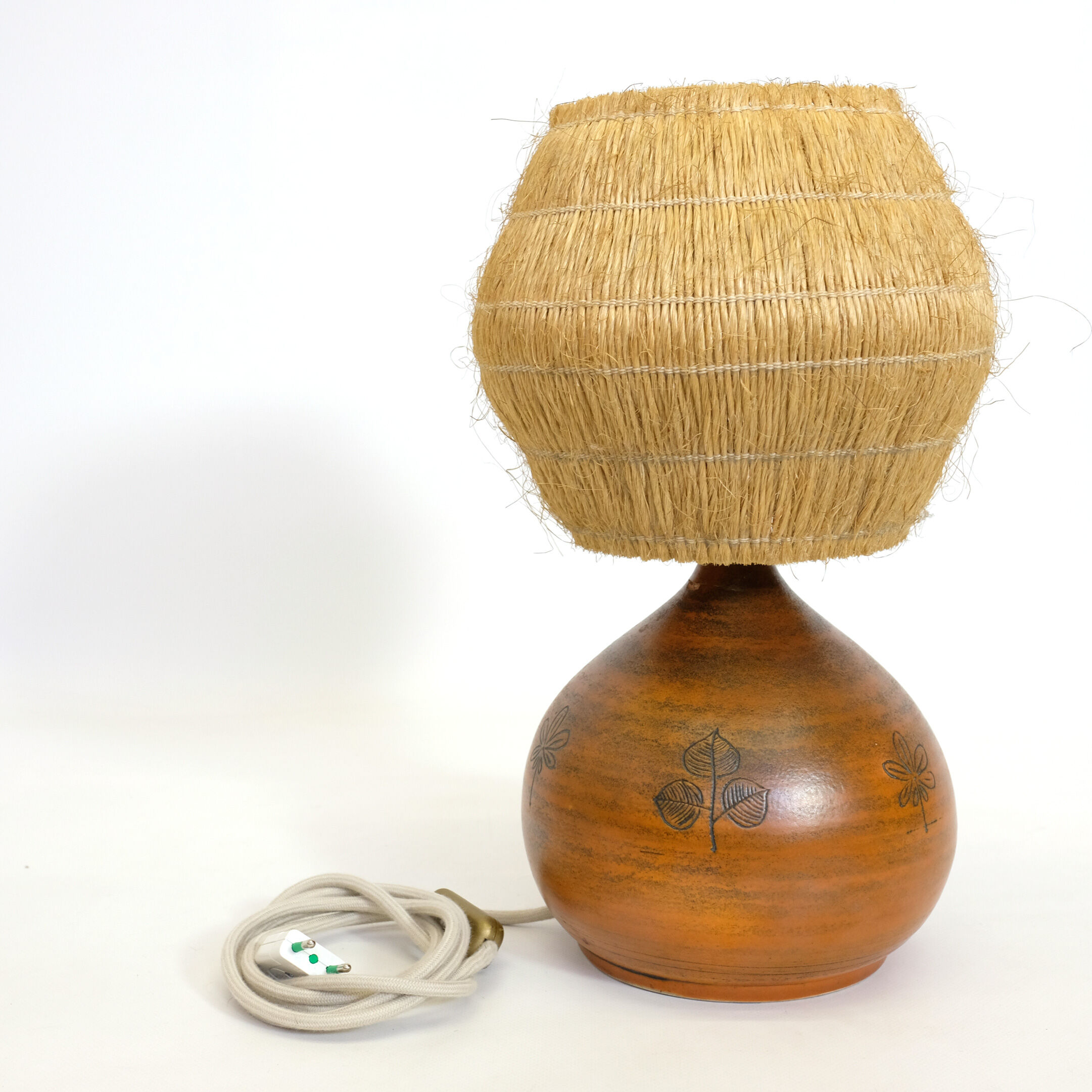 Lamp in enameled earthenware and straw lampshade by Jacques Blin
