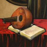 20th century Italian still life painting with musical instruments