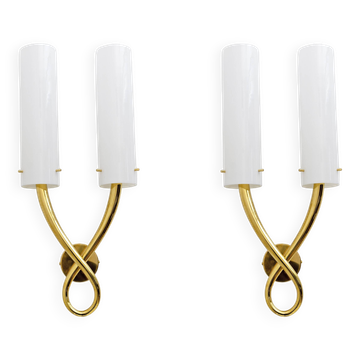 Pair of Large Brass and Murano Glass Sconces in the Style of Gio Ponti