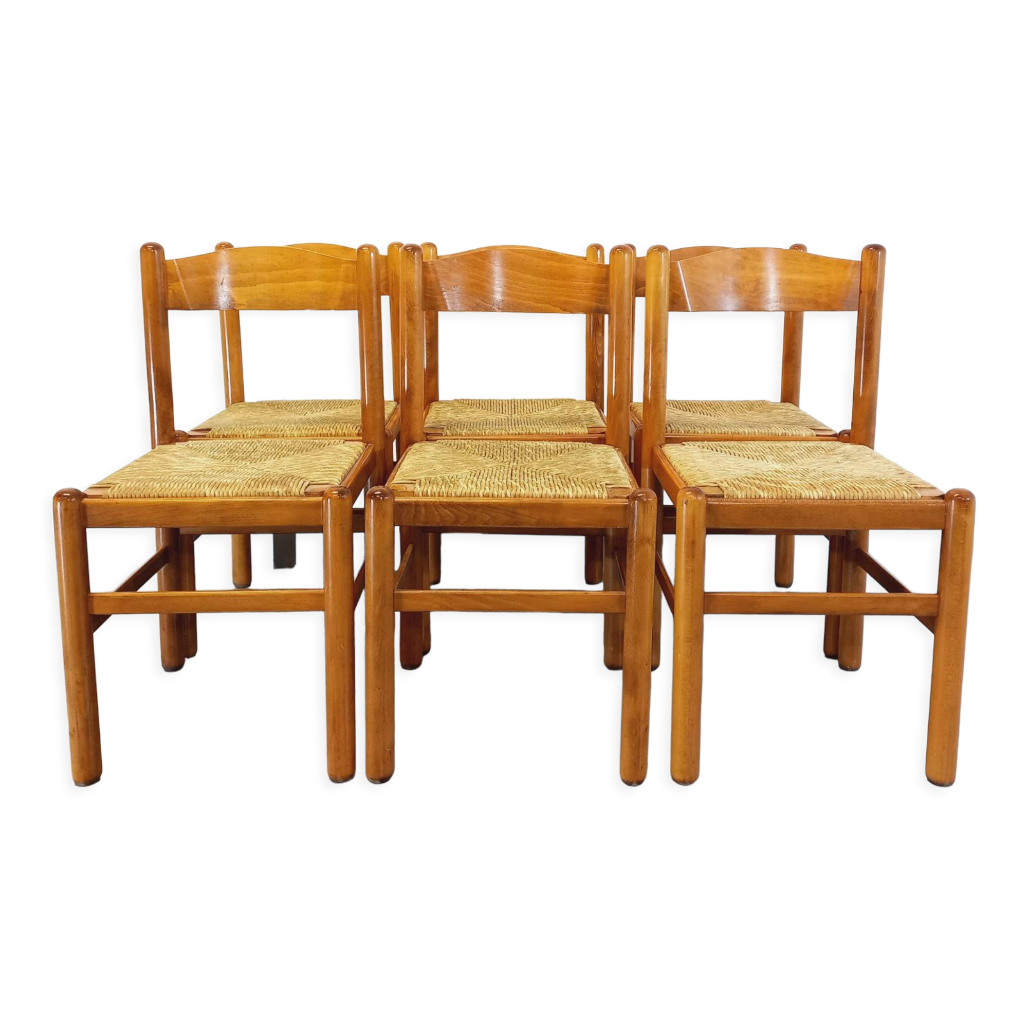Suite of 6 vintage chairs in light wood and straw from the 70s 80s