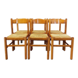 Suite of 6 vintage chairs in light wood and straw from the 70s 80s