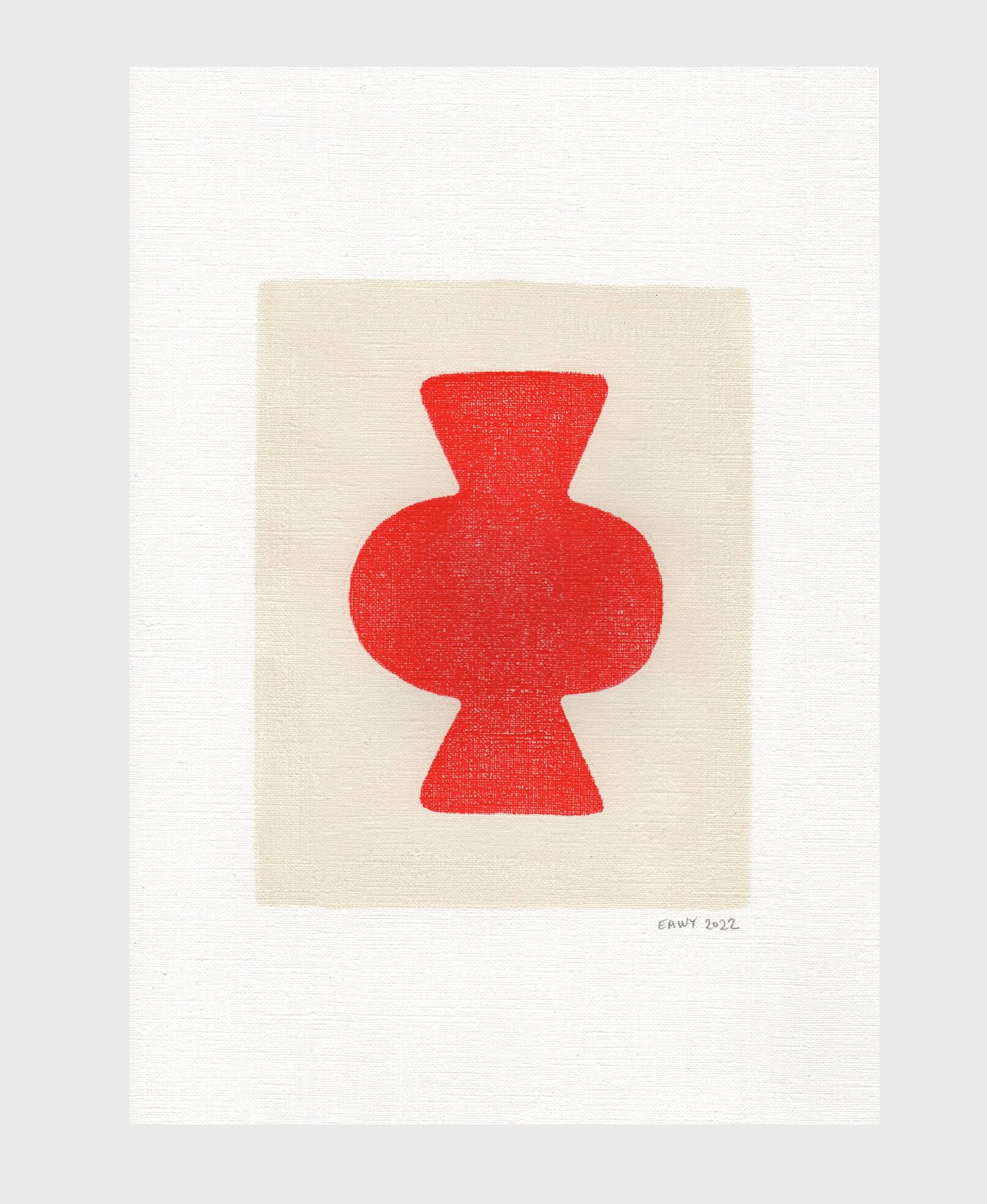 Abstract painting on paper, primary red, signed Eawy.