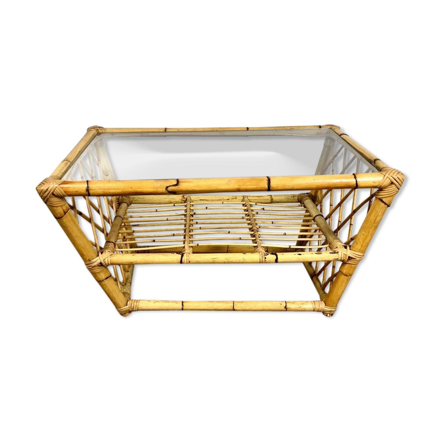 Rattan coffee table and vintage glass