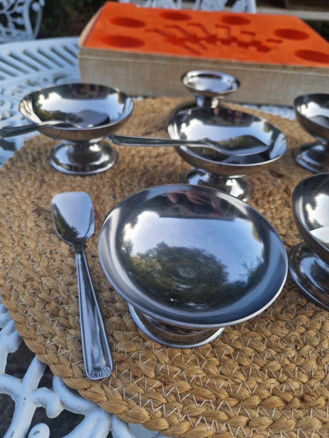 Lot de 6 bols à dessert vintage en acier inoxydable avec 5 cuillères