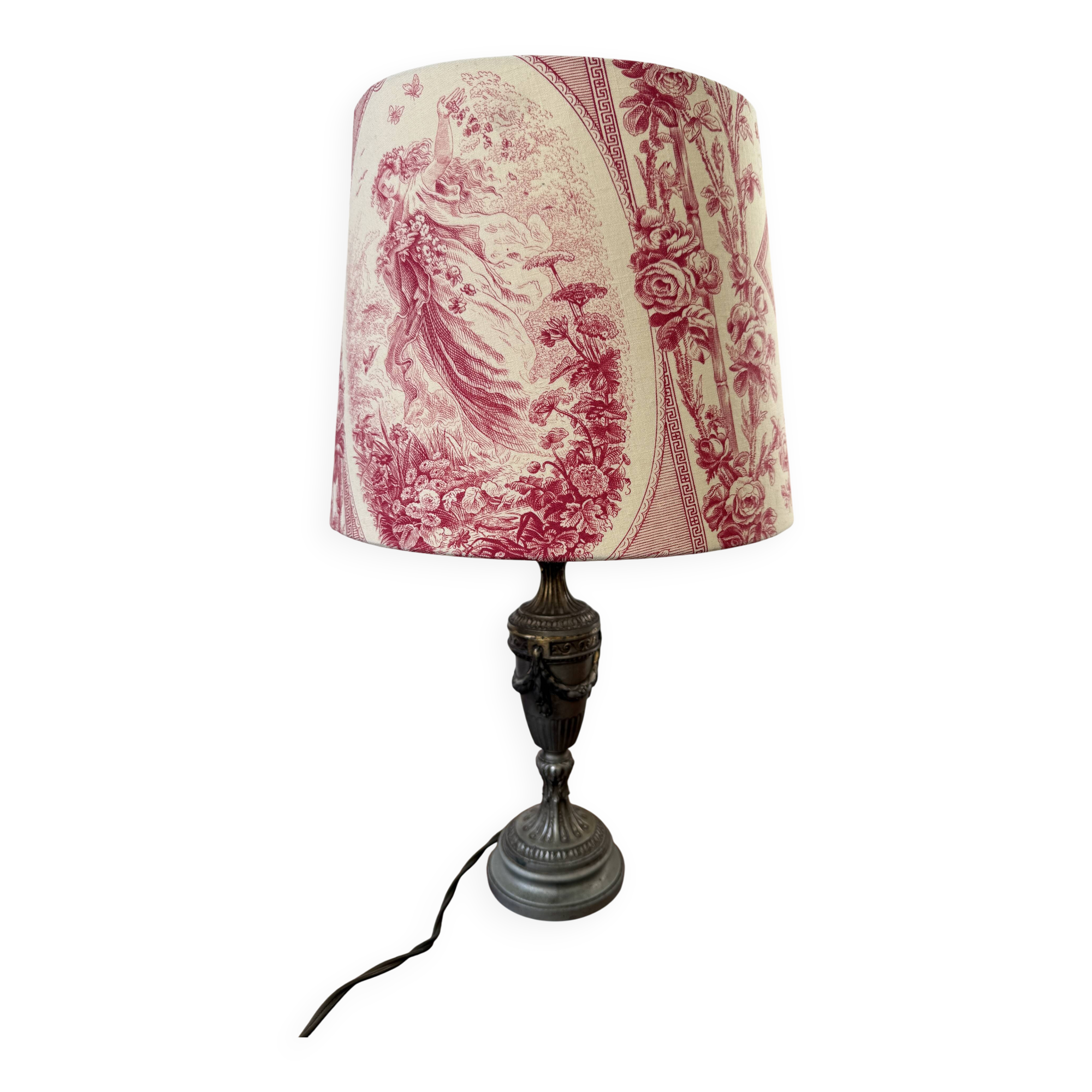 Empire style lamp with a toile de Jouy shade.