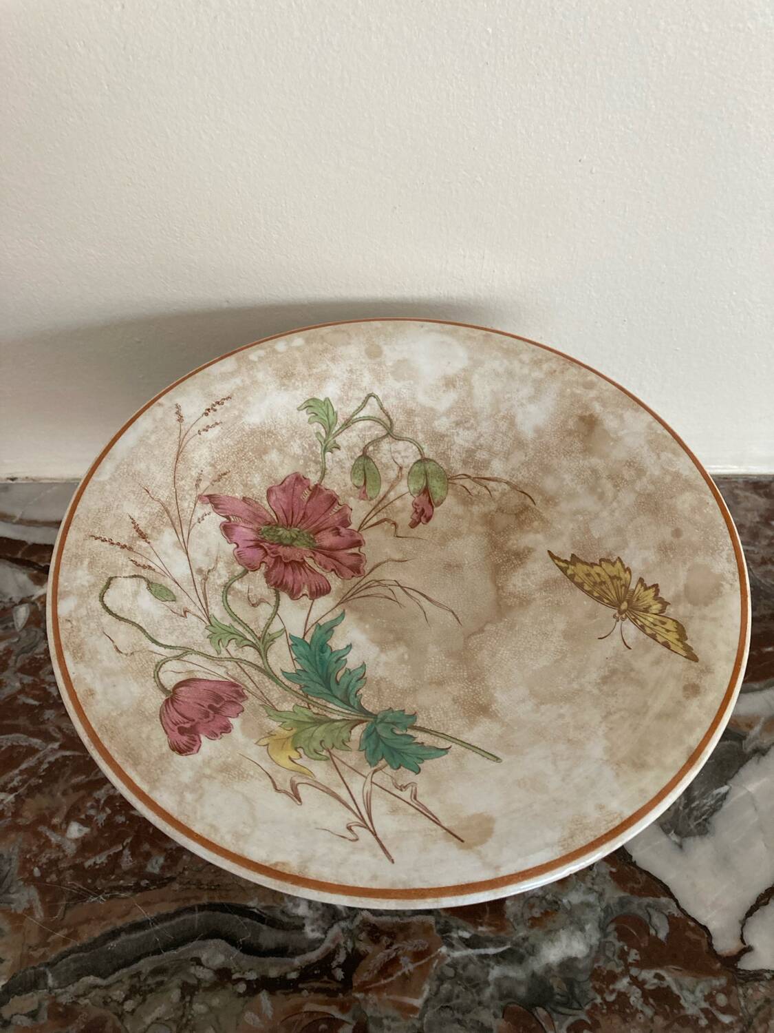 Luneville KG compote dish with poppy and butterfly design.