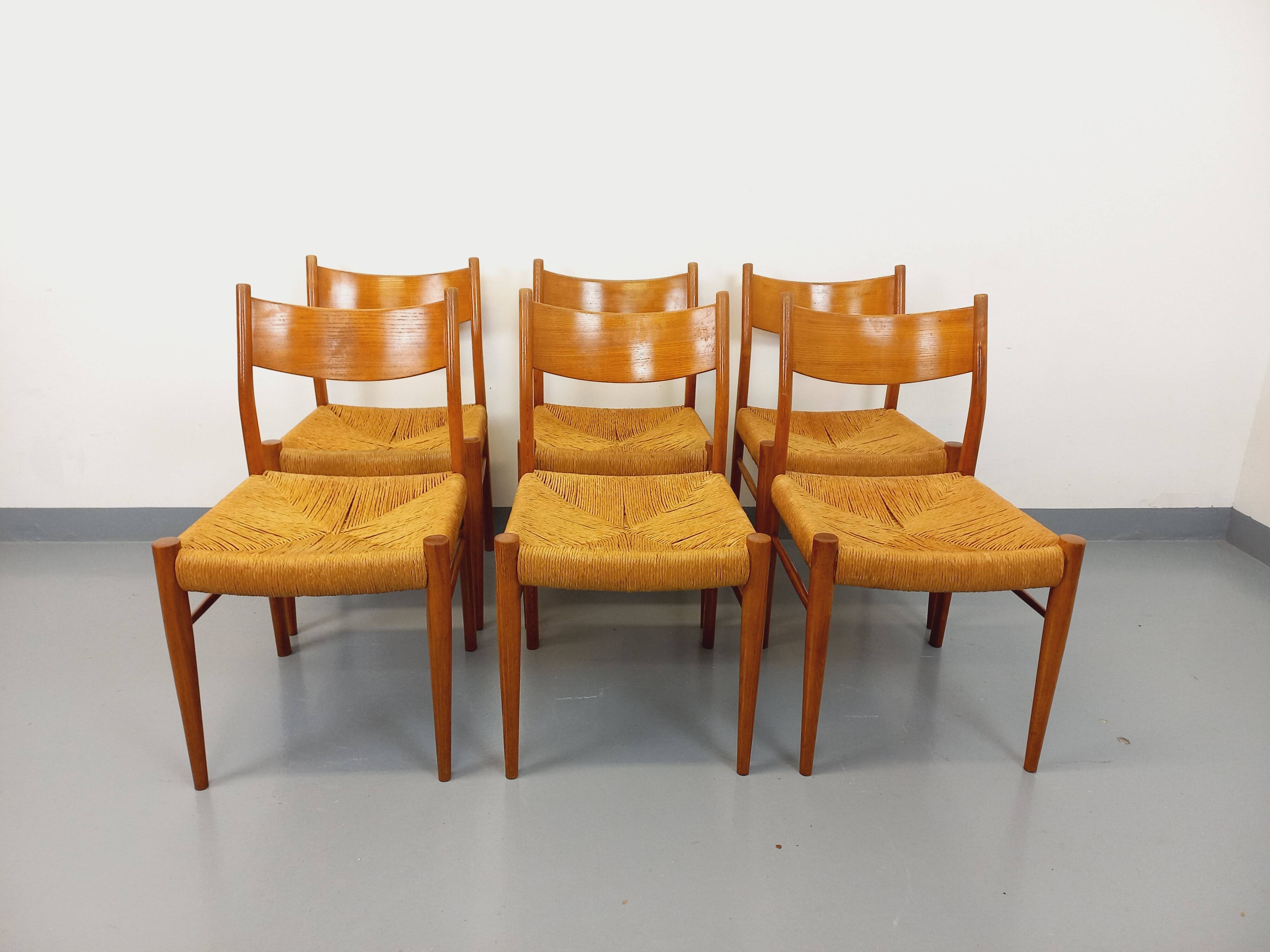Set of 6 vintage teak Danish rope chairs Gessef Consorzio Sedie Friuli