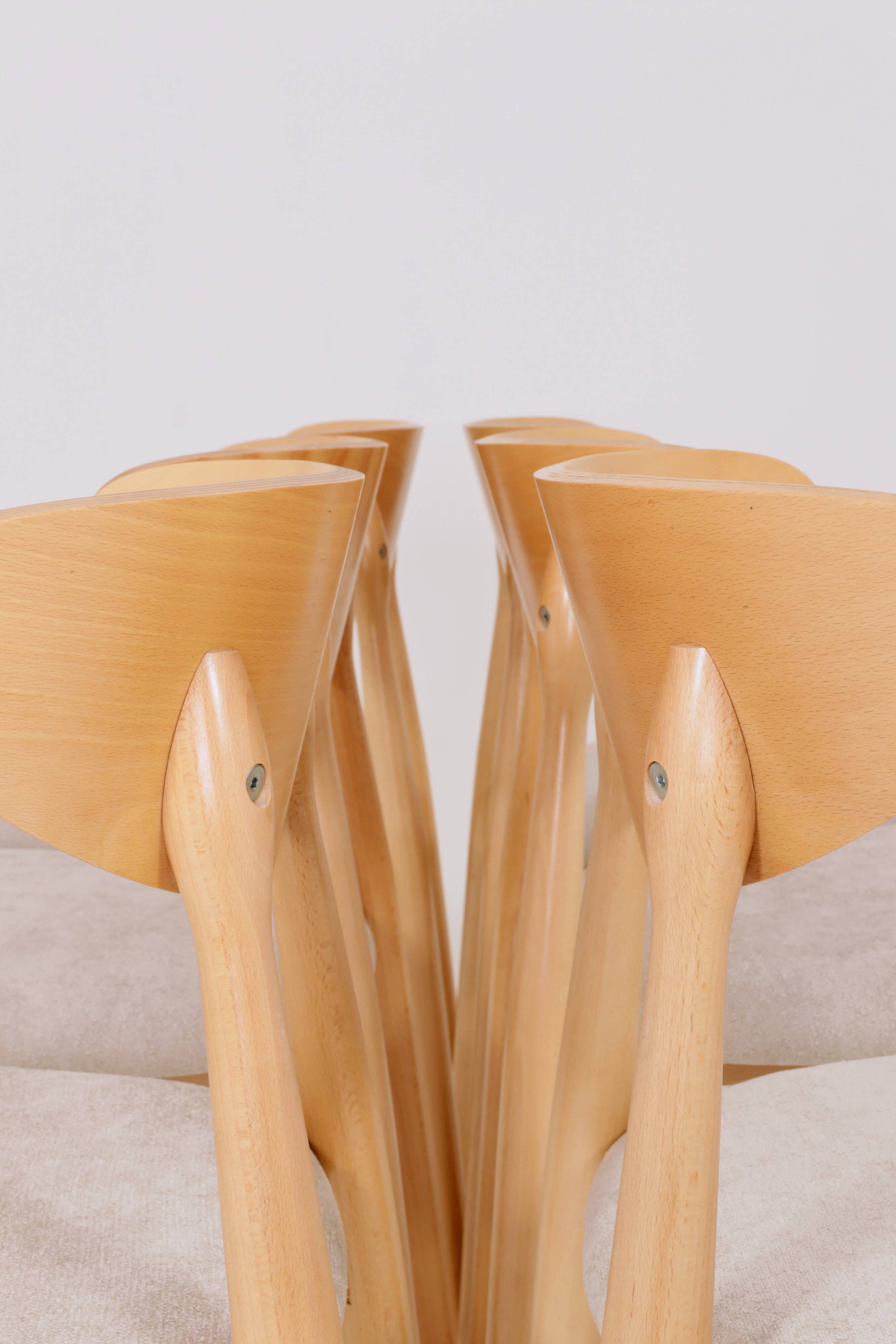 Ensemble moderne de 6 chaises de salle à manger, tissu écru et bois de hêtre naturel