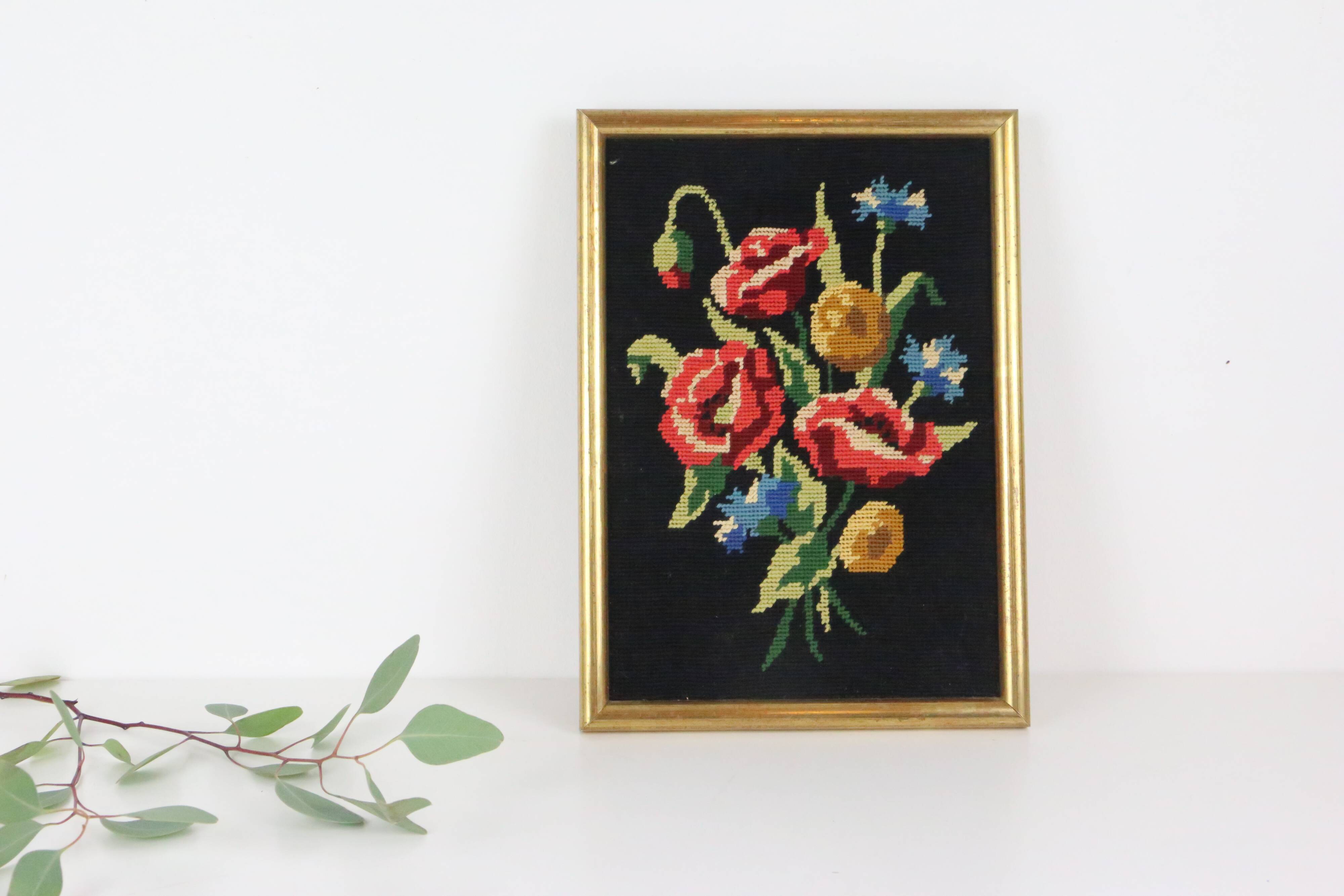 canvas bouquet of flowers in cross stitch, wall painting, vintage