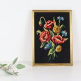 canvas bouquet of flowers in cross stitch, wall painting, vintage