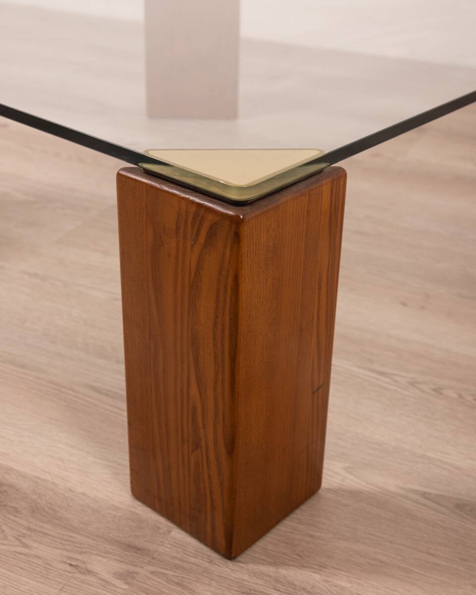 Vintage 80's table in wood, brass and glass, italian design