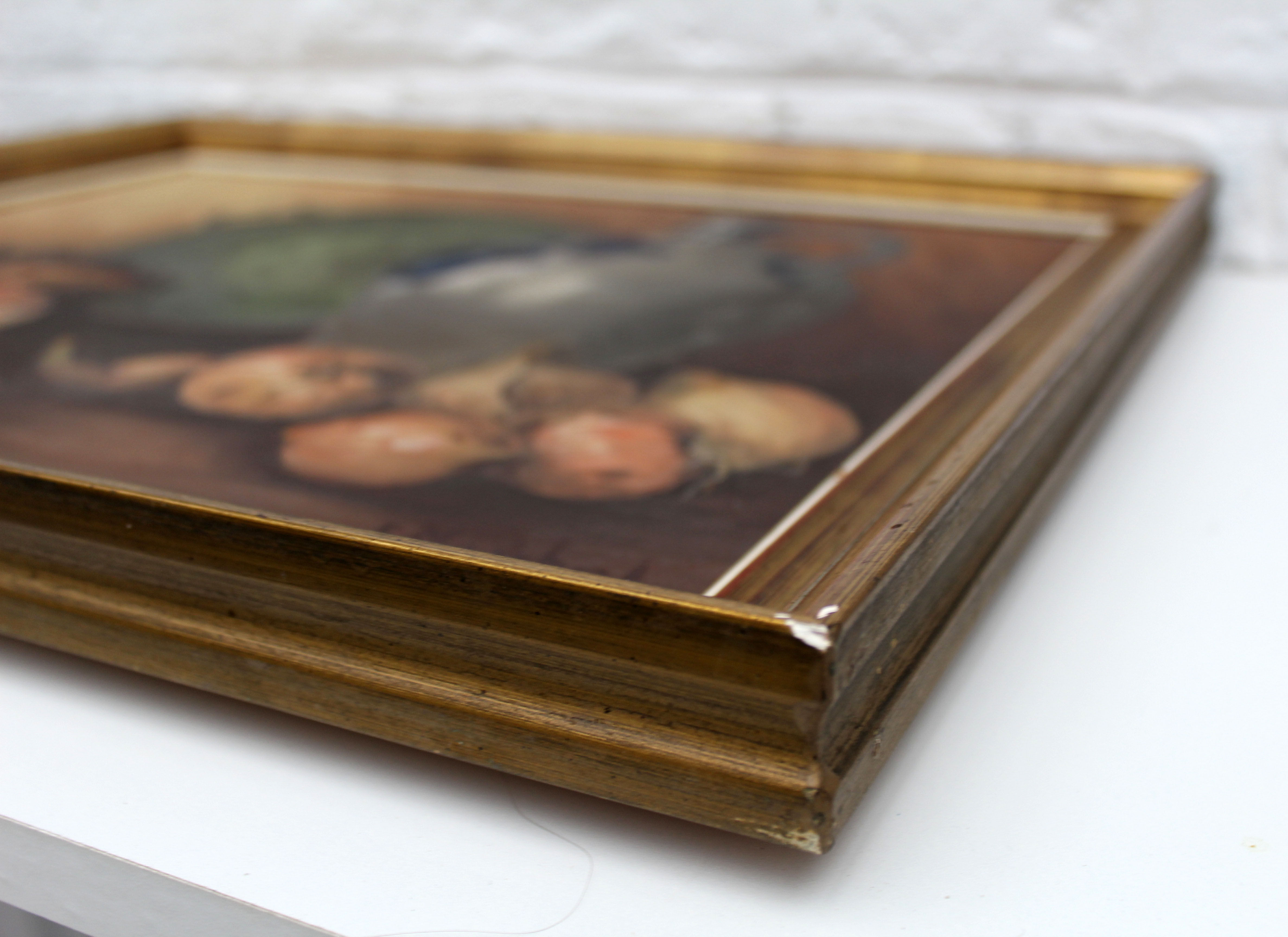 Vintage oil painting on canvas and gold gilded wood frame, still life