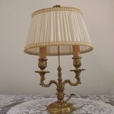 French Antique 2 Light Bronze Boulotte Table Lamp With Cream Pleated Shade