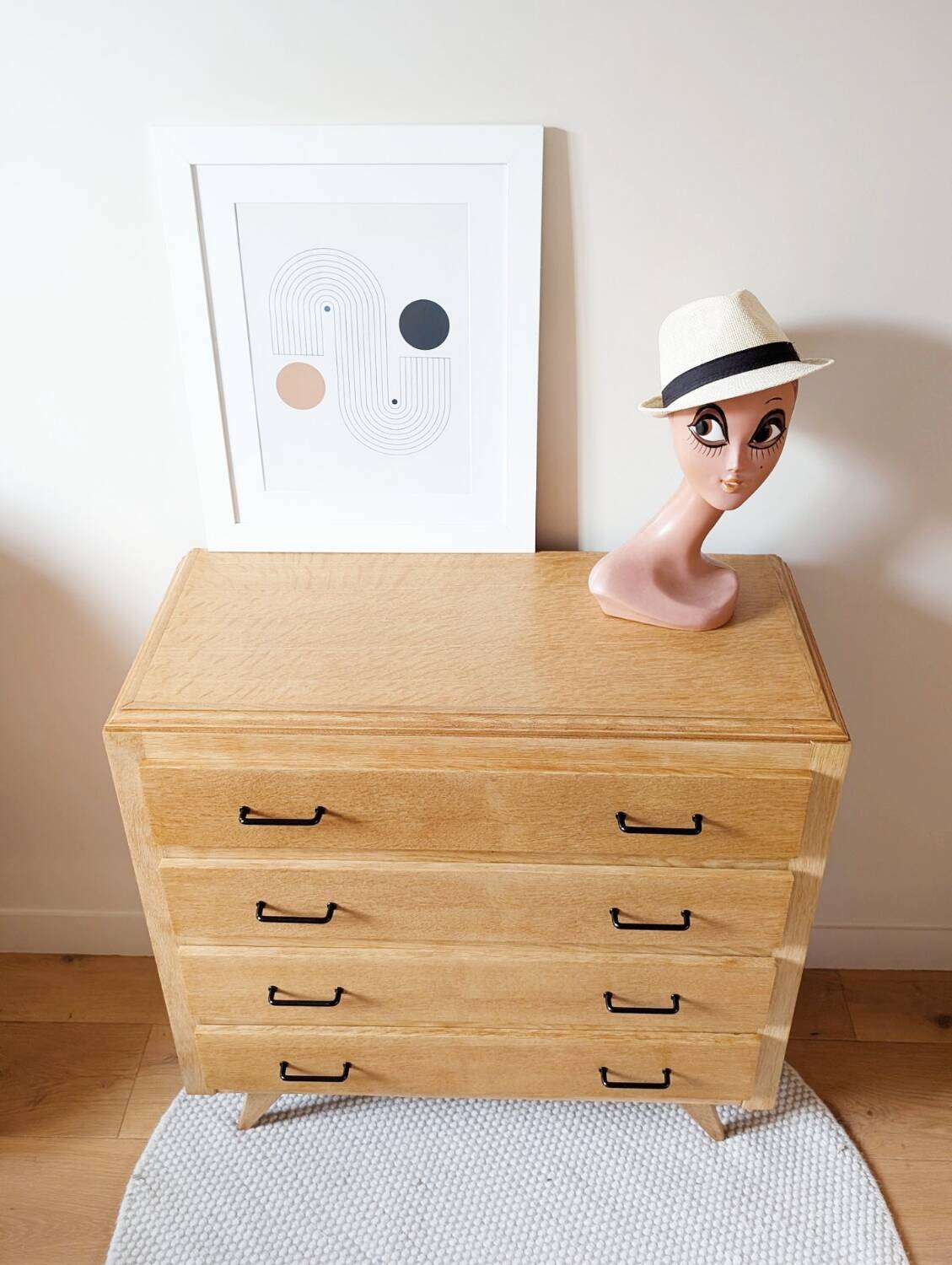 Vintage oak chest of drawers with splayed legs, restored