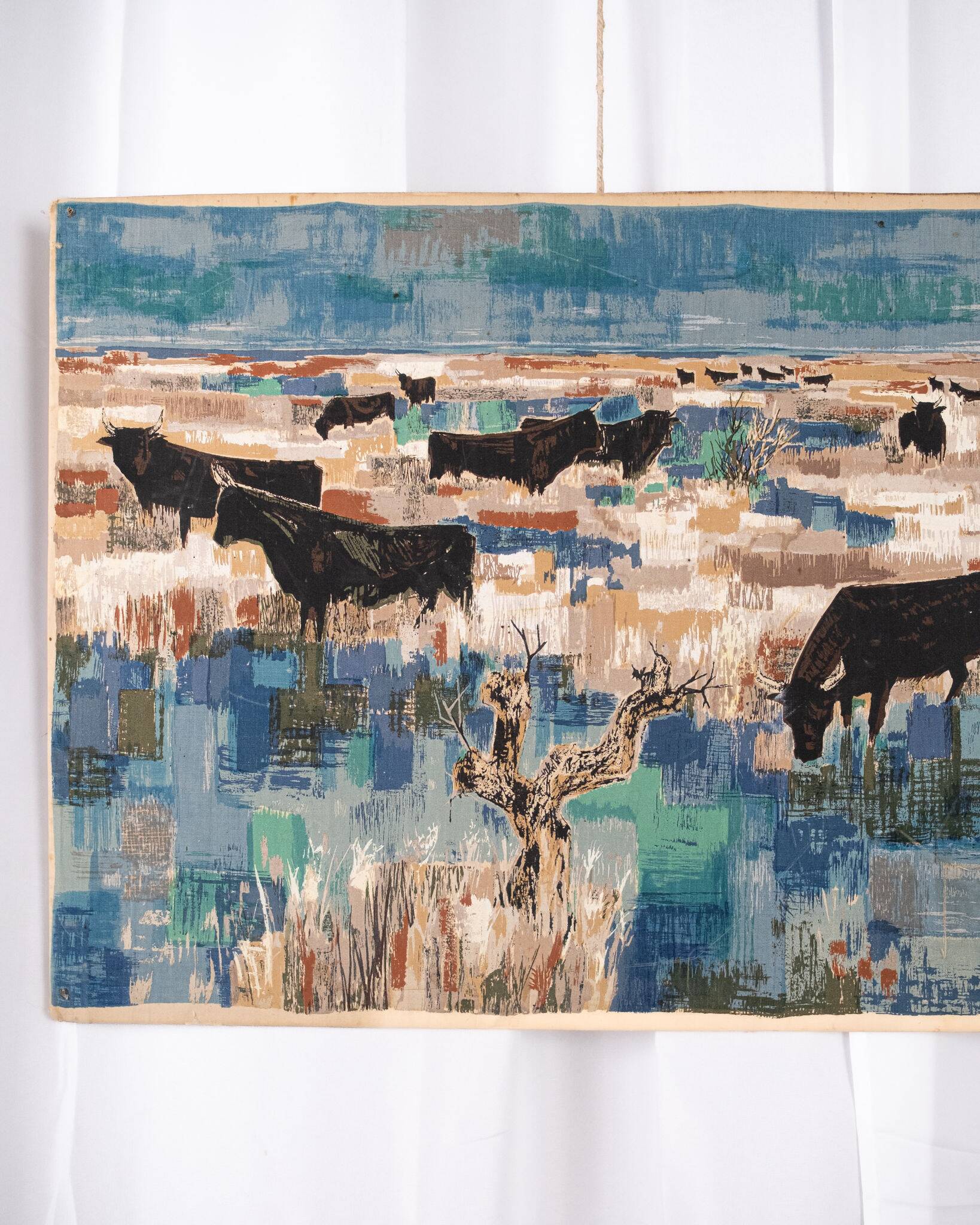 Printed wall tapestry, Bulls in Camargue, Robert Debiève, France