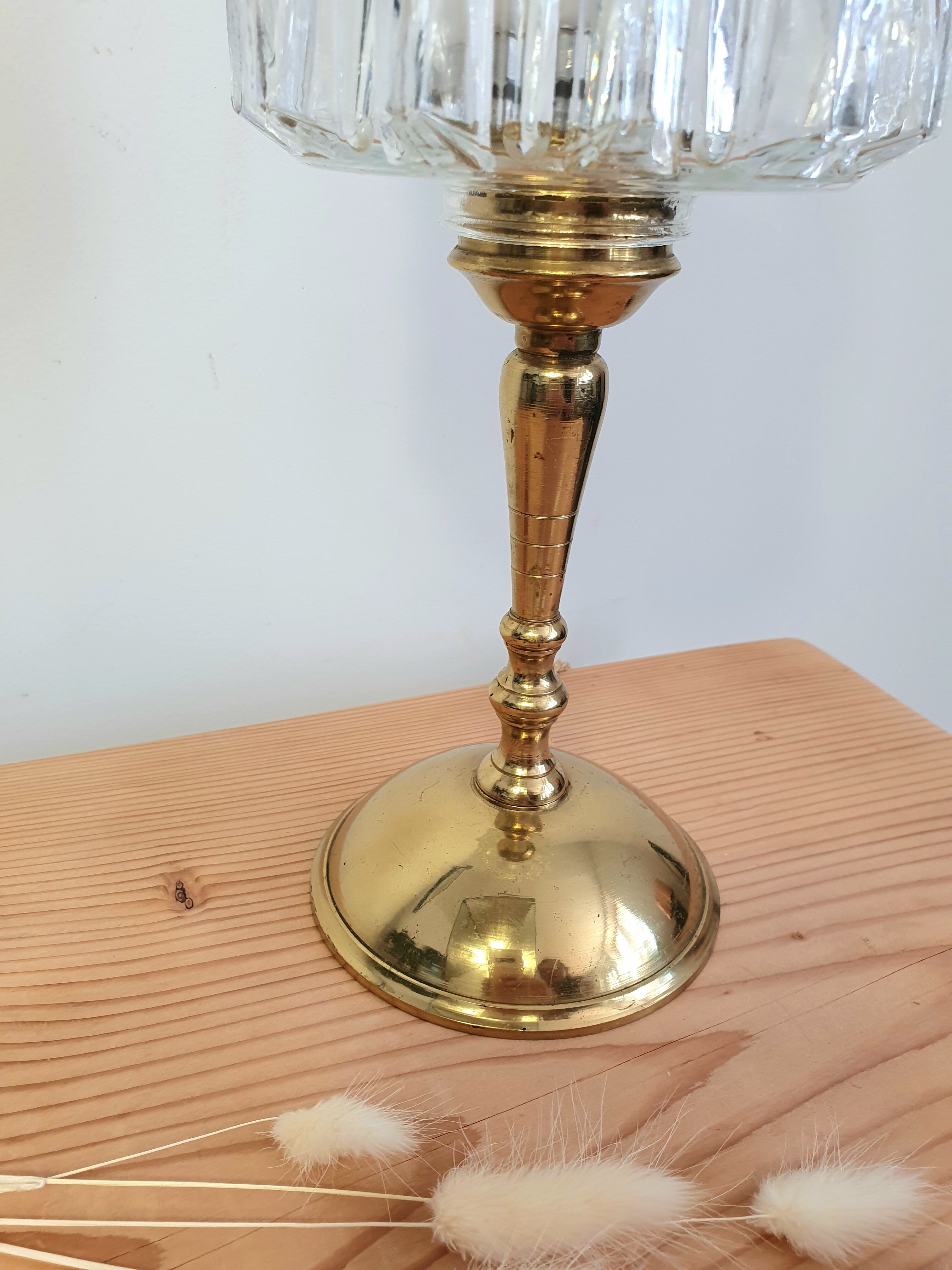 Vintage table lamp, brass foot and glass globe
