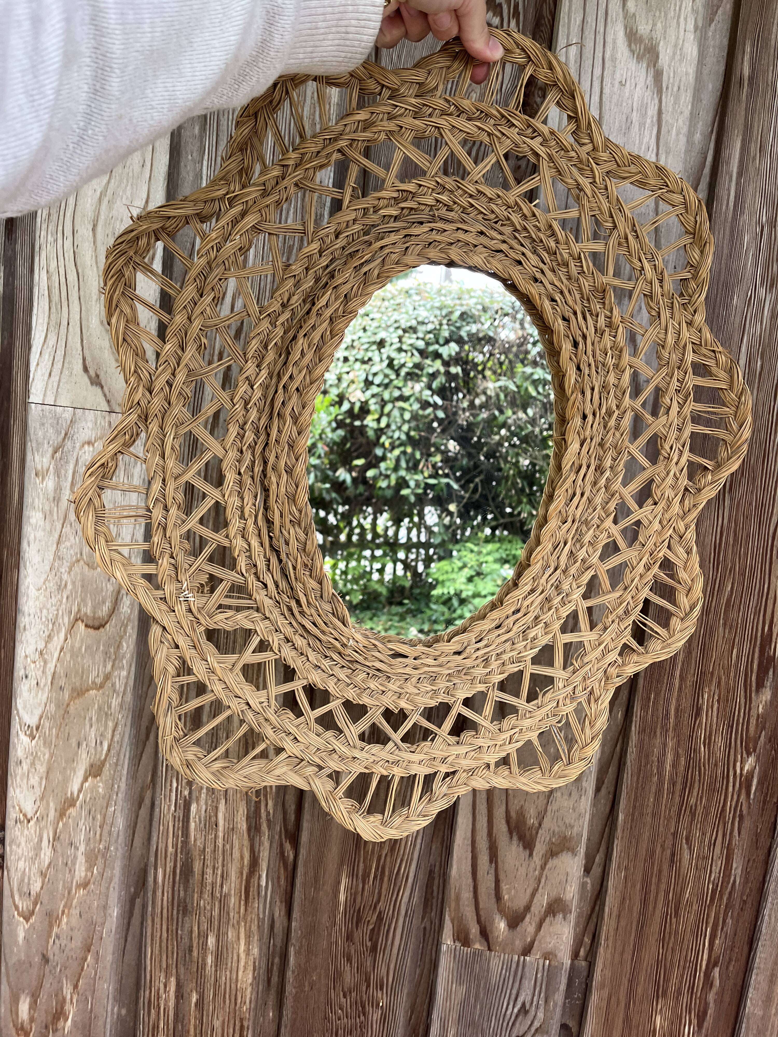 Large braided rattan mirror 1960