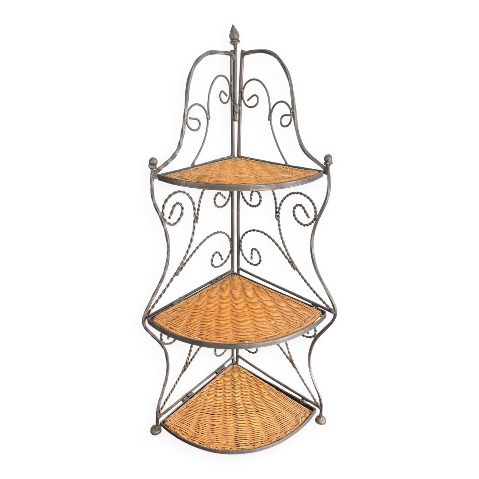 Etagère d'angle en osier et fer forgé