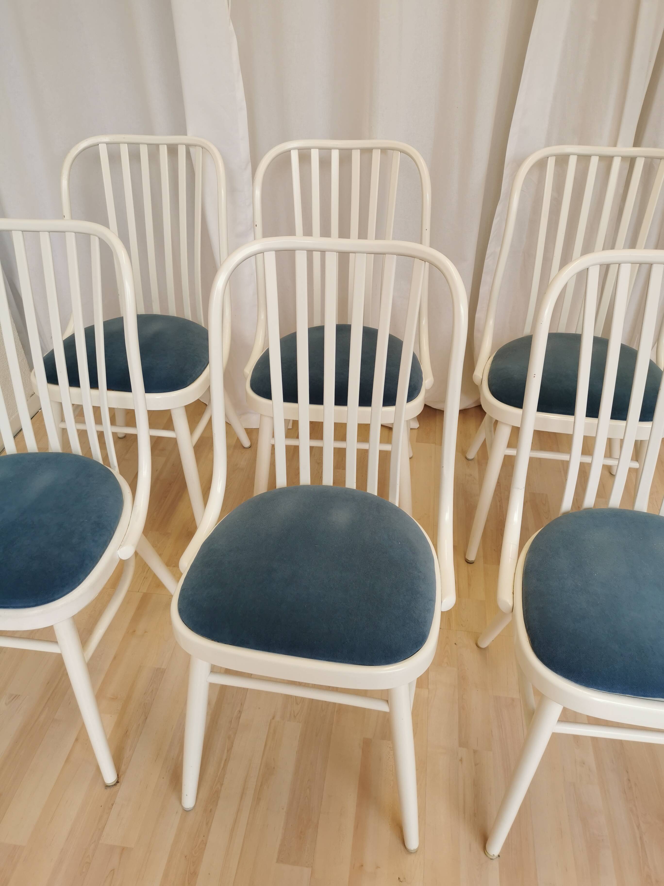 Set of 6 Vintage Bentwood Dining Chairs: White Ligna Style, Blue Fabric