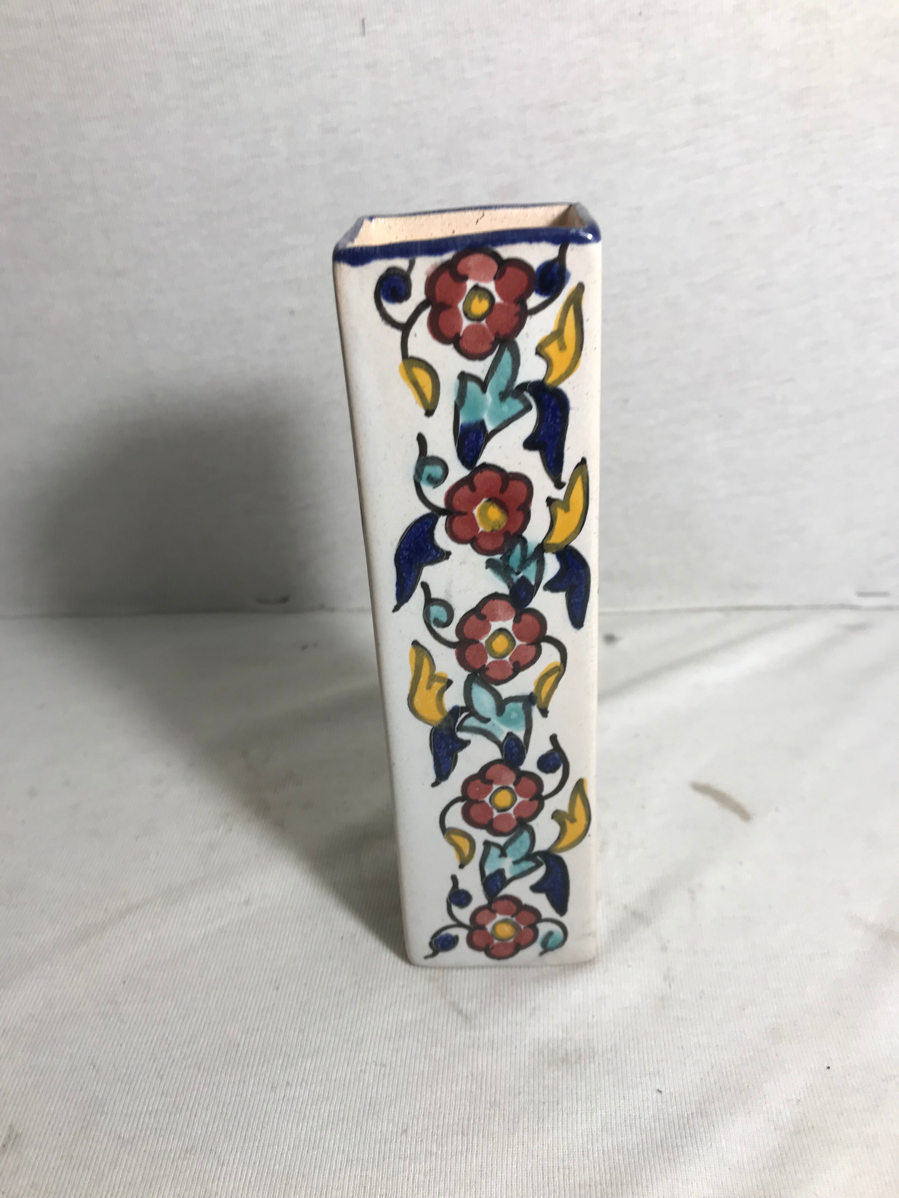 Square old glazed ceramic vase design flowers vintage