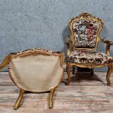 Pair of Louis XV style Baroque armchairs in gilded and carved wood circa 1900