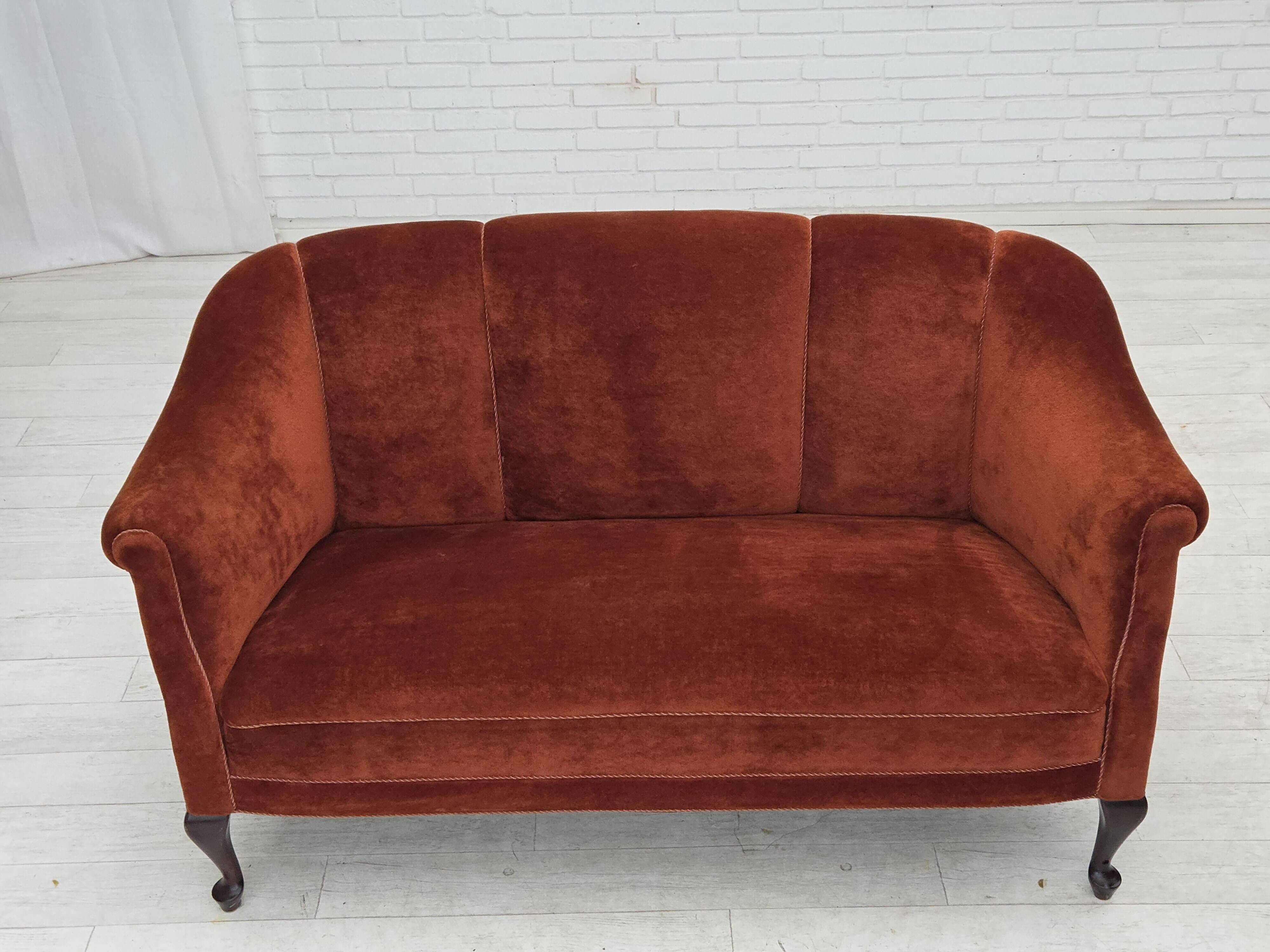 1950s, Danish 2-seater sofa, furniture velour, oak wood legs.