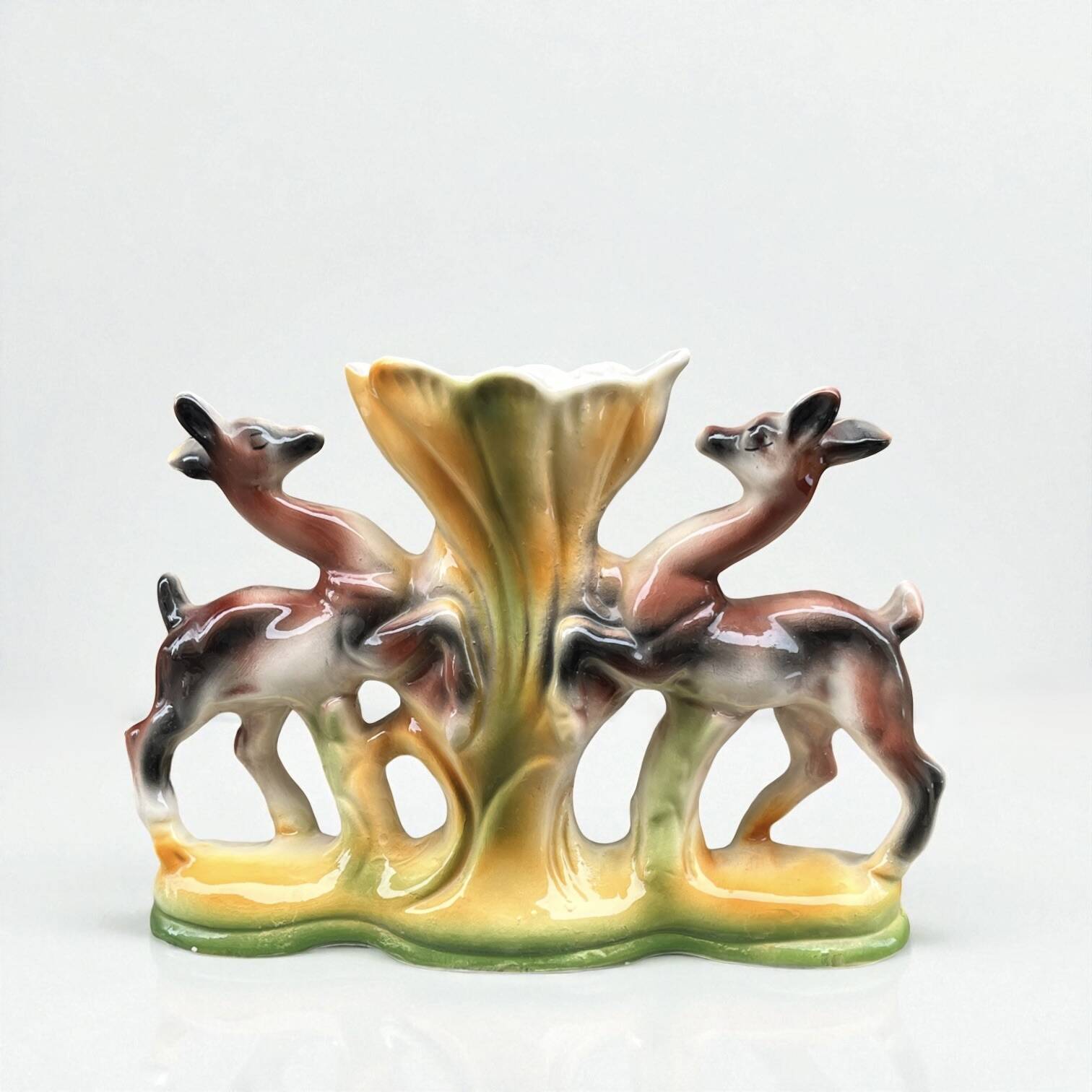 Vintage Italian polychrome ceramic vase with animal motif, deer, and flower (ICAP)