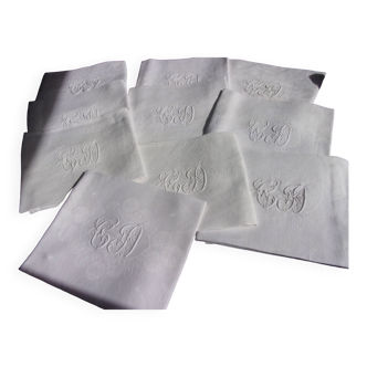 10 old damask linen napkins embroidered monog DB