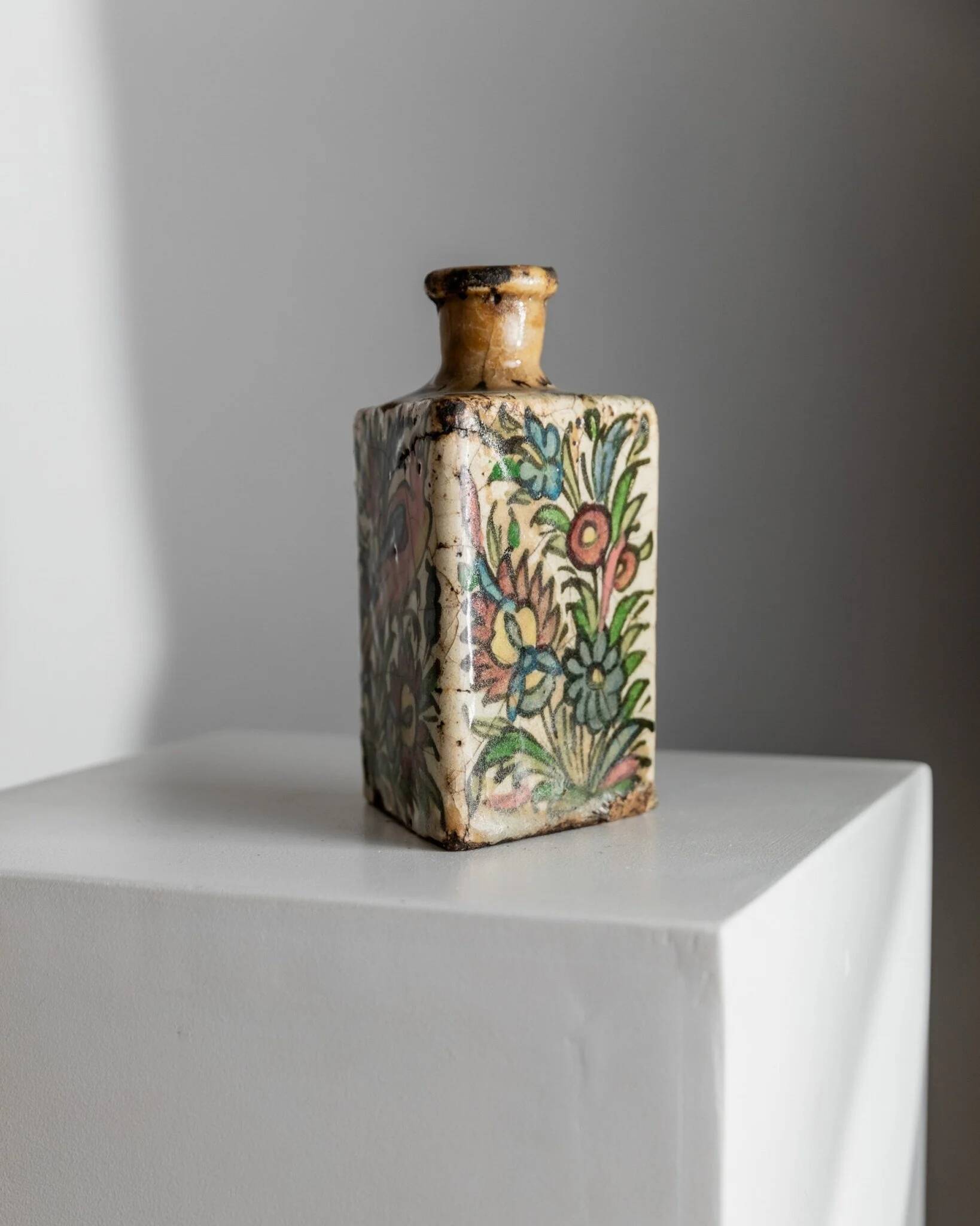 Multicolored Terracotta Bottle from Qajar Dynasty Iran, 19th Century – Hand-Painted, Unique Decorative Piece
