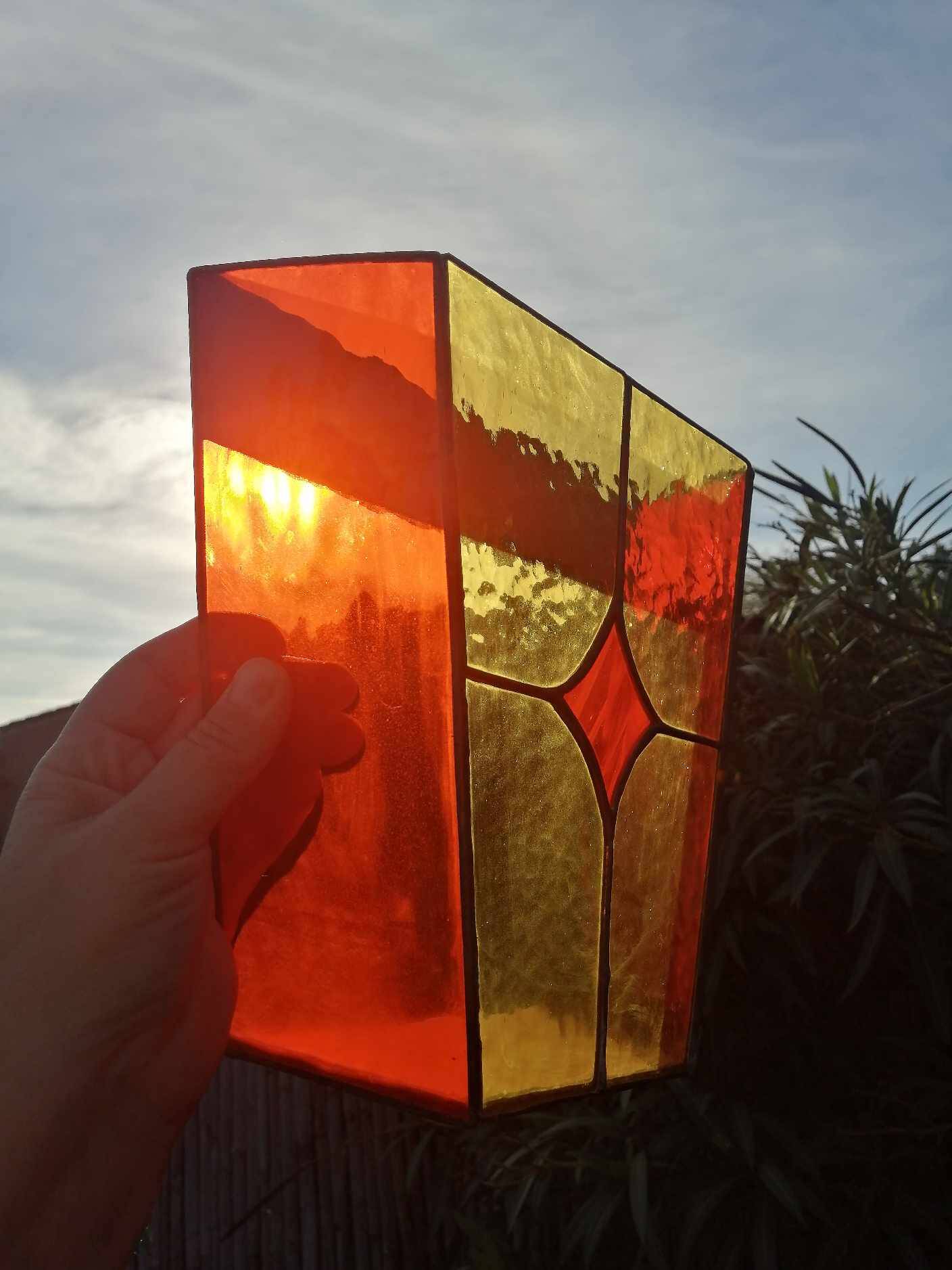 Pair of vintage stained glass and glass paste wall lights.