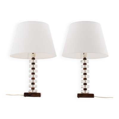 Lampe de bureau en bois de rose et verre par Orrefors, Suède, 1960