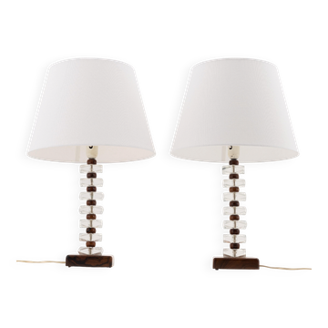 Rosewood and glass desk lamp by Orrefors, Sweden, 1960.