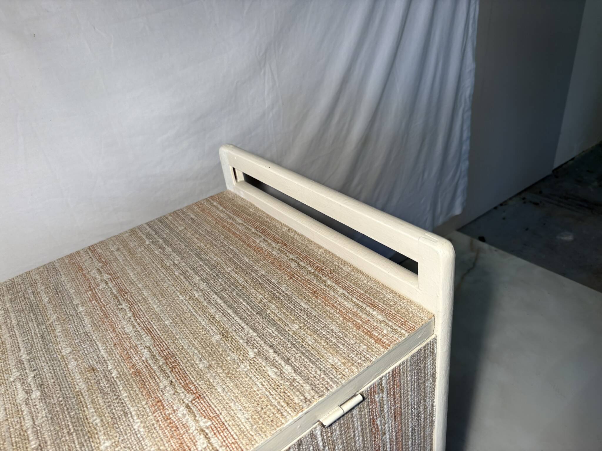 Vintage upholstered chest, white lacquered wooden structure, 1960s-70s