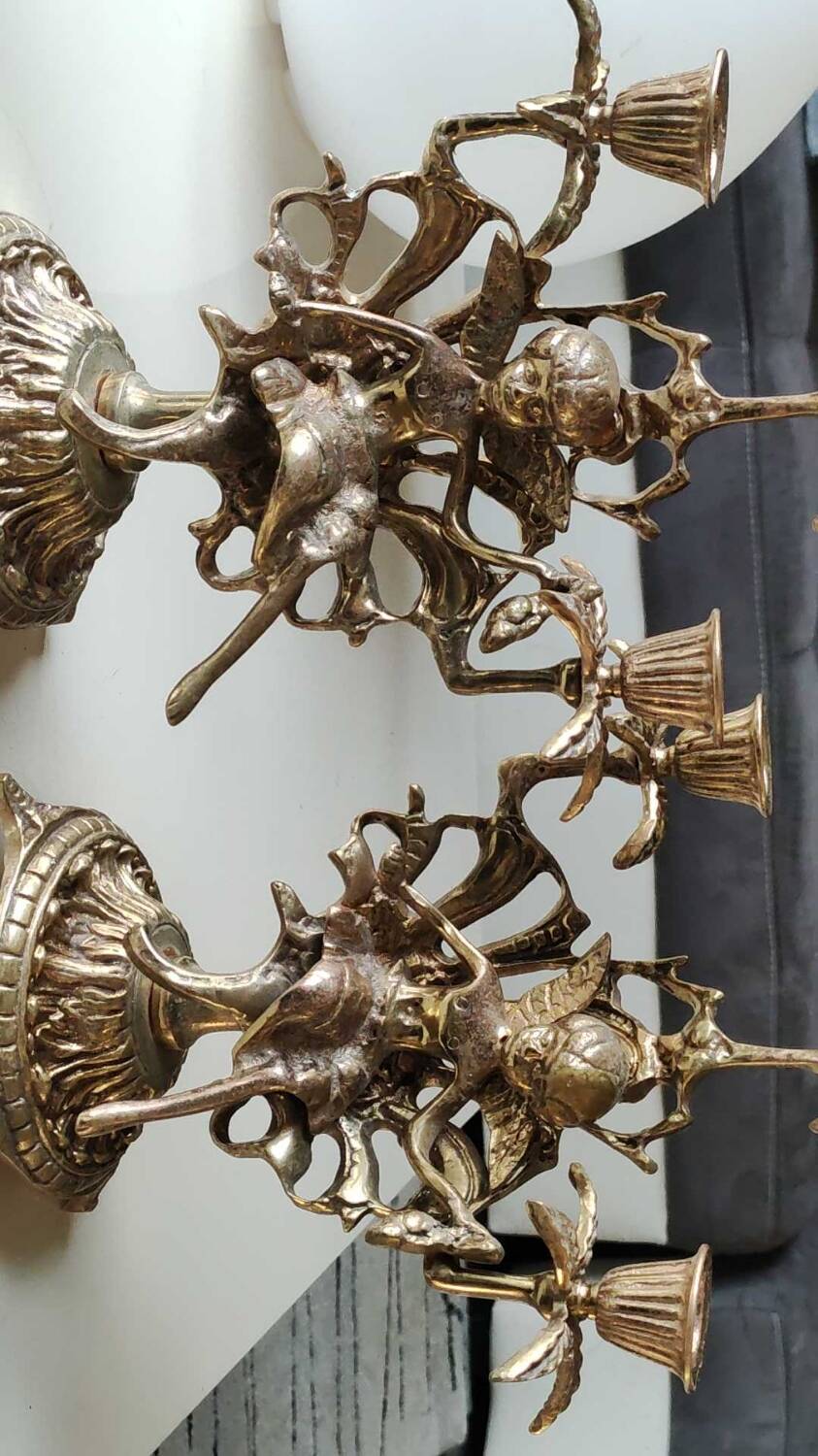 Pair of Antique 3-light candlesticks. Puttis/Cherubs. Bronze