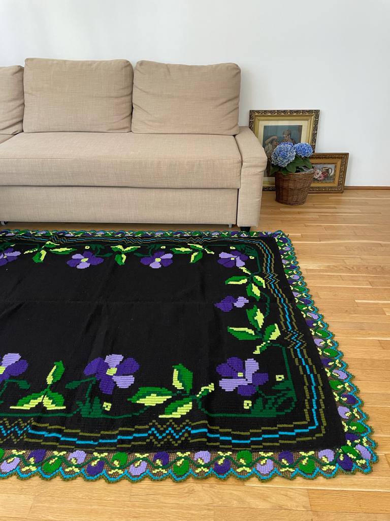 Floral handmade vintage rug, purple floral design with crochet border 145x174cm